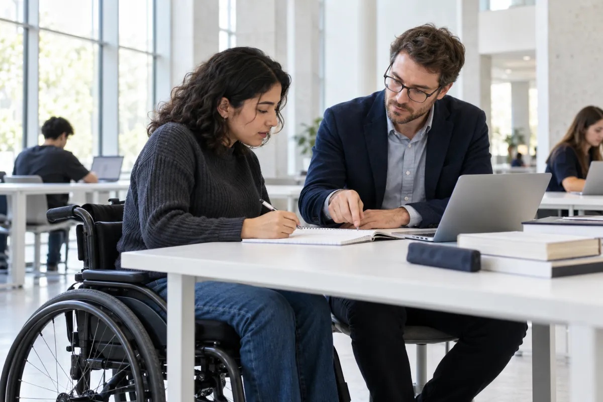 A learner using a wheelchair and a tutor studying at an accessible desk