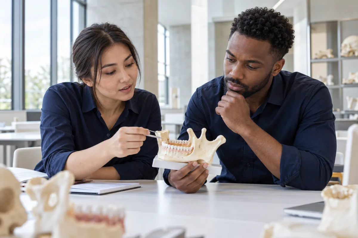Dental graduates discussing an anatomical jaw model