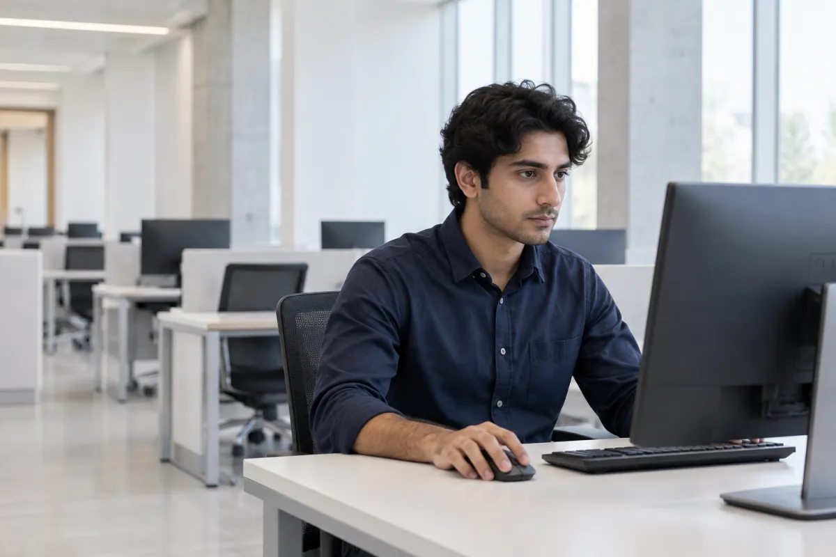 An adult candidate working at a computer in a quiet assessment room