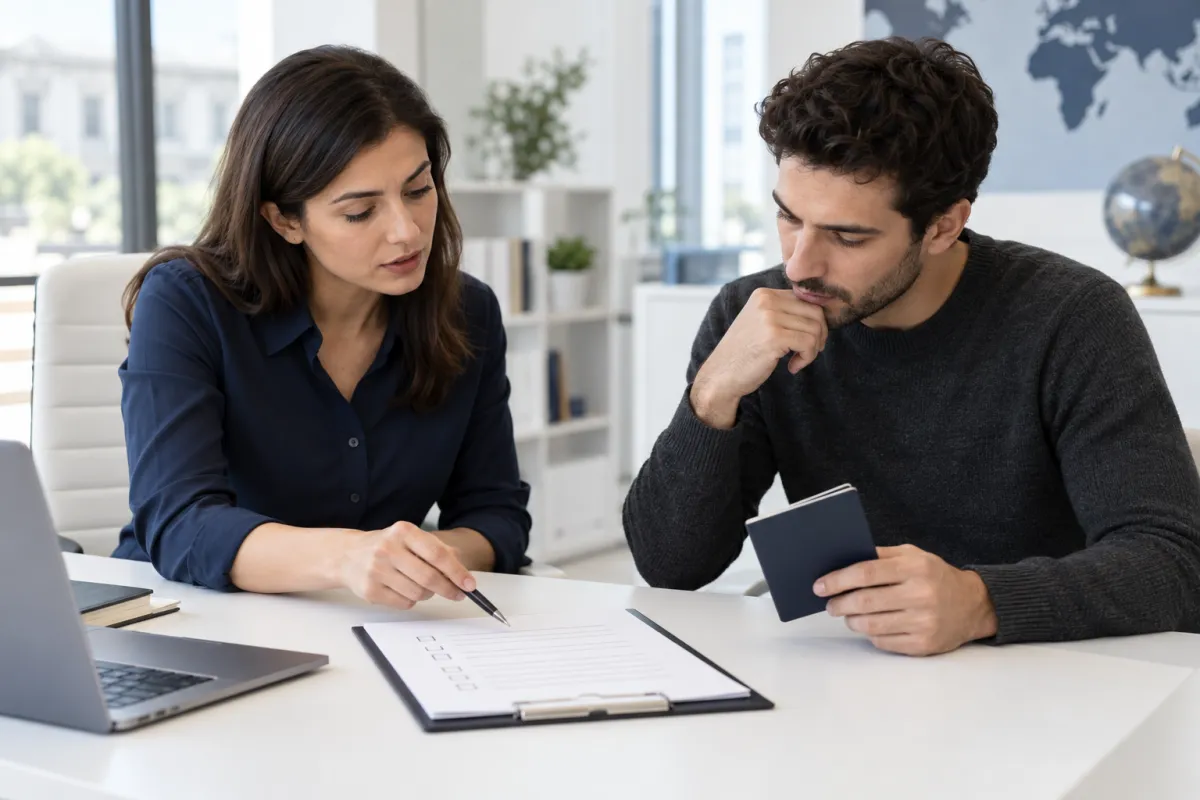 Two adults reviewing a document checklist at a desk