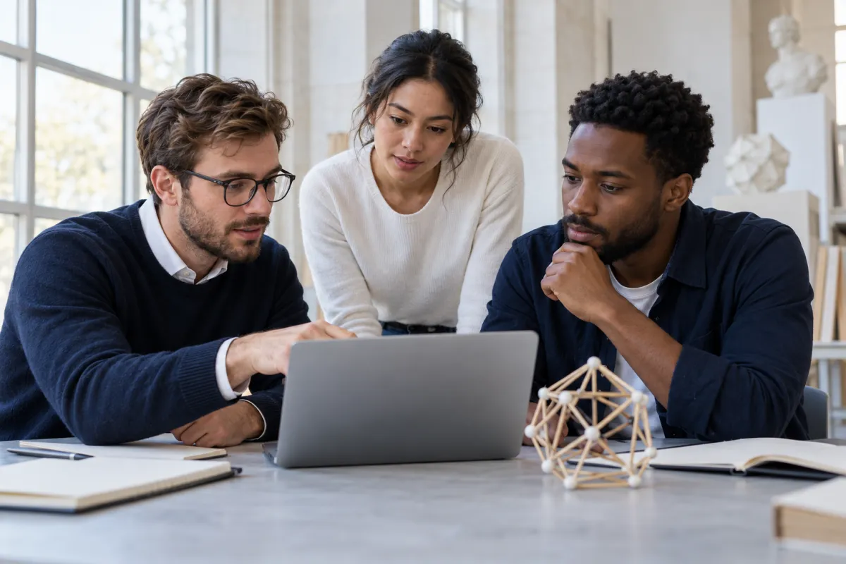Science applicants discussing a geometric model and a laptop