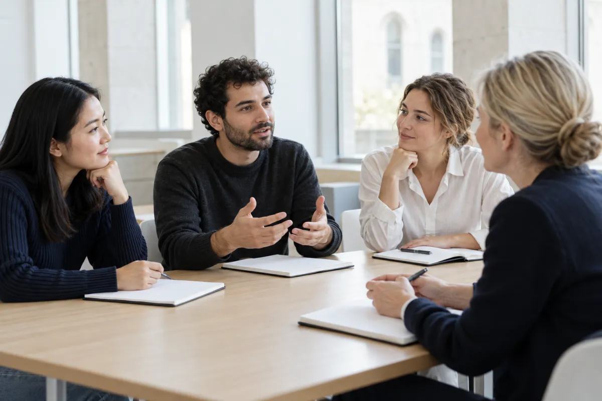 Adult language learners practising a conversation with a tutor