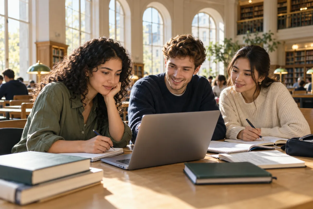 University students working together in a bright library